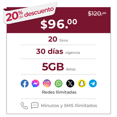 Compra 20 Telefonía móvil Prepago 30 días 5GB