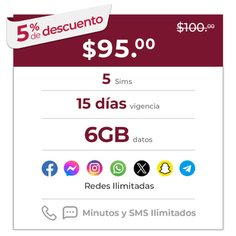 Compra 5 Telefonía móvil Prepago 15 días 6GB